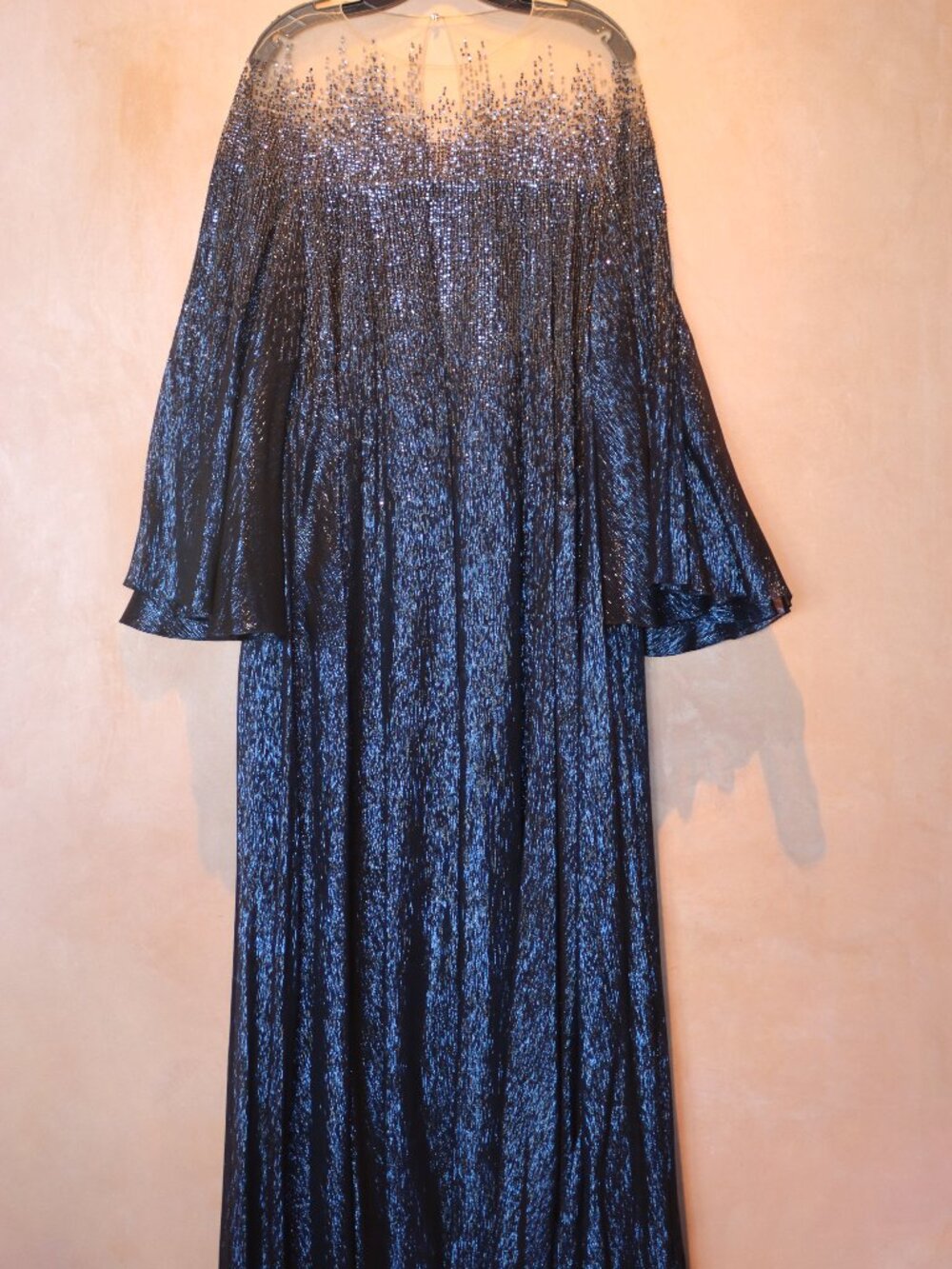 Oscar de la Renta Navy Beaded Illusion Gown Metallic Lamé Cape Sleeve Size S